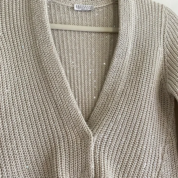 Brunello Cucinelli Beige Sequin Hi Low Knit Linen Silk Cardigan Sweater XS S